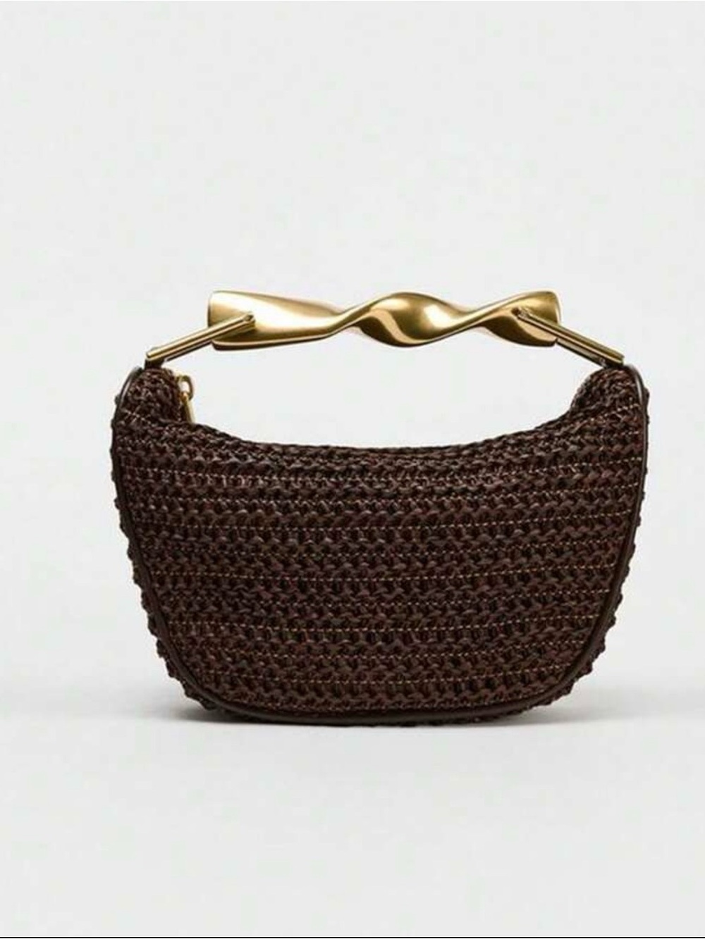 Woven Brown Handbag with Sculpted Gold Handle